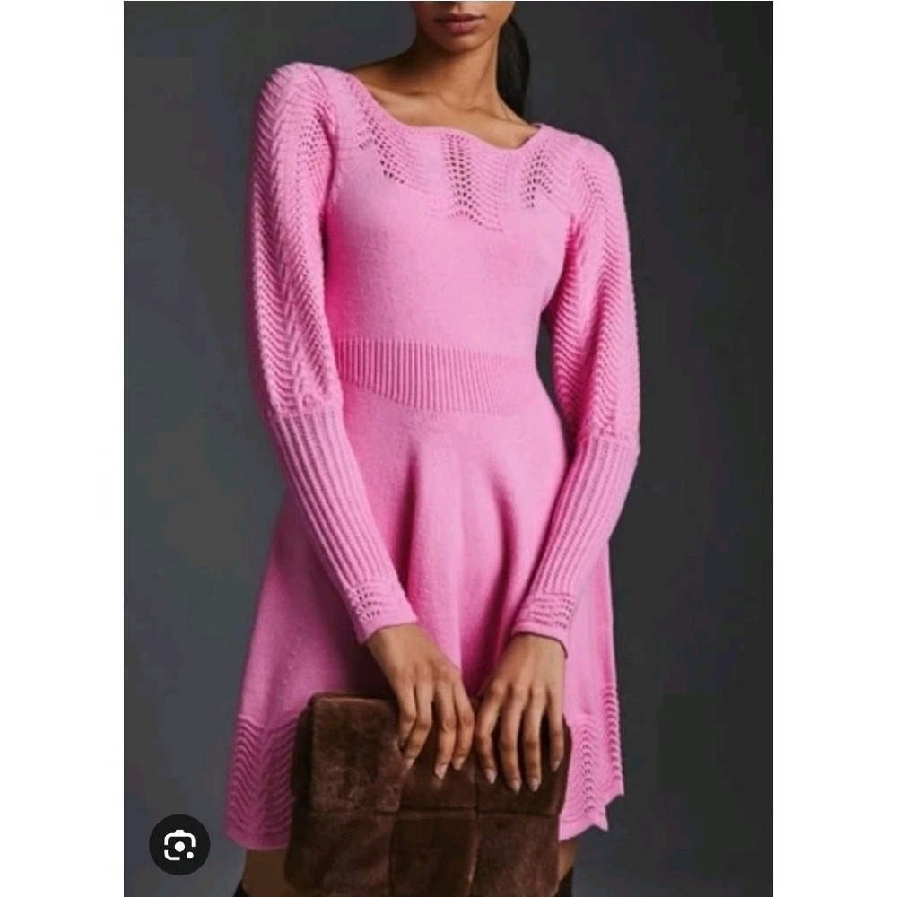Anthropologie Pink Wool Blend Pointelle Girly Mini Sweater Dress Size XS